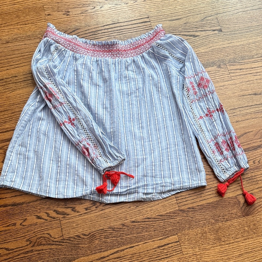 Blue Striped Off-Shoulder Top with Red Embroidery